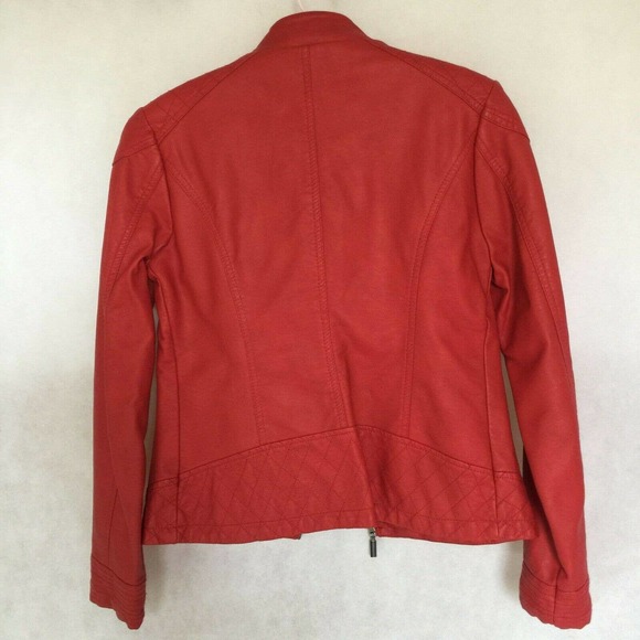 Alfani Red Faux Leather Vegan Moto Bomber Jacket Size XS Lined Pockets Zip Up - Picture 3 of 9